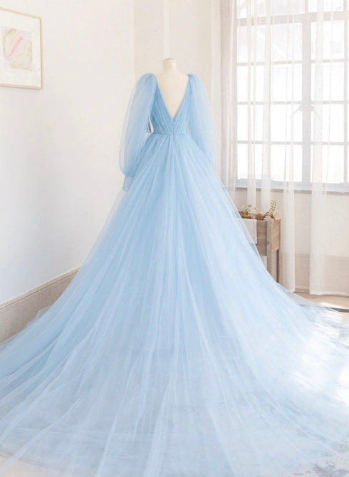 Light Blue Puffy Sleeves Long Formal Dress, Light Blue Tulle Prom Dress