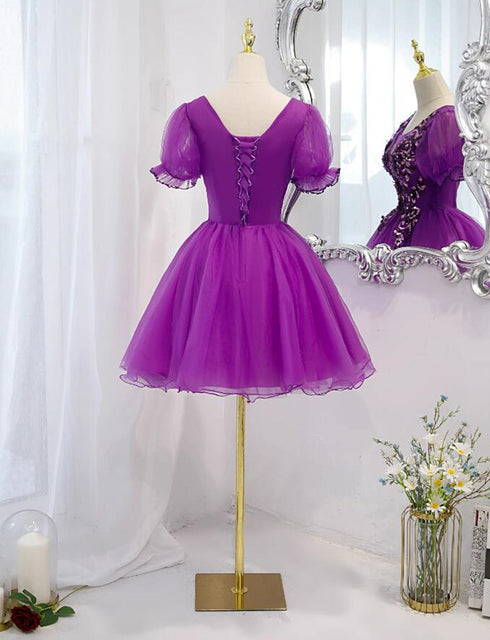 Purple Tulle Short Sleeves with Lace Homecoming Dress, Purple Short Prom Dress