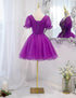 Purple Tulle Short Sleeves with Lace Homecoming Dress, Purple Short Prom Dress