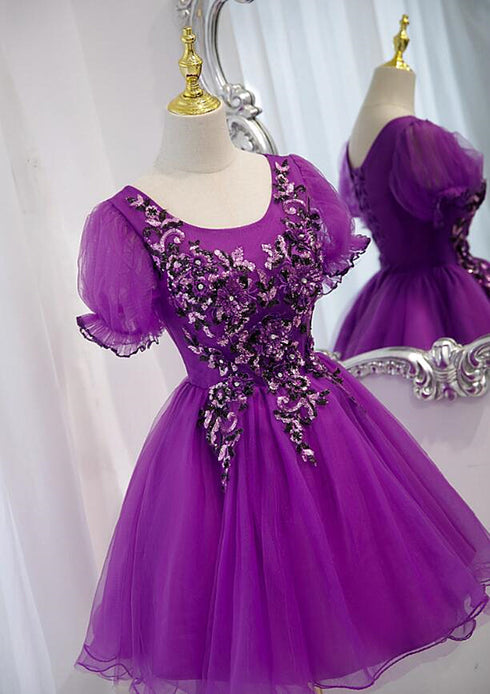 Purple Tulle Short Sleeves with Lace Homecoming Dress, Purple Short Prom Dress