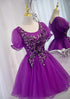 Purple Tulle Short Sleeves with Lace Homecoming Dress, Purple Short Prom Dress