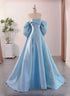 A-line Off Shoulder Blue Satin Long Evening Dress, Blue Prom Dress