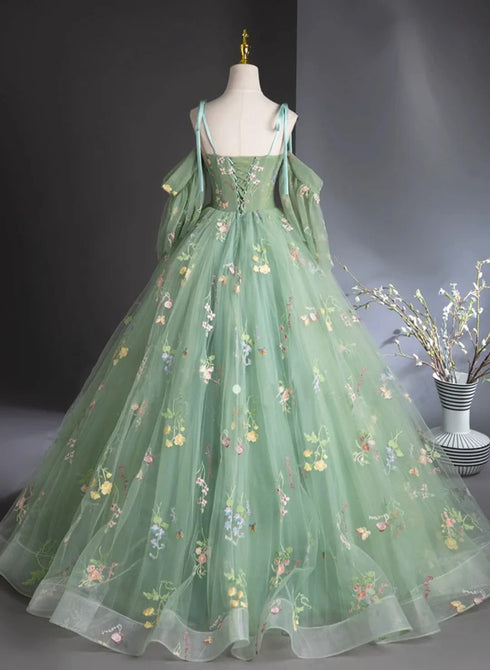 Green Tulle Floral Long Party Dress Prom Dress, Green Off Shoulder Party Dress