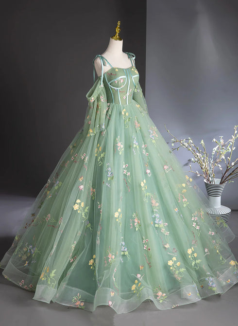 Green Tulle Floral Long Party Dress Prom Dress, Green Off Shoulder Party Dress