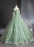 Green Tulle Floral Long Party Dress Prom Dress, Green Off Shoulder Party Dress