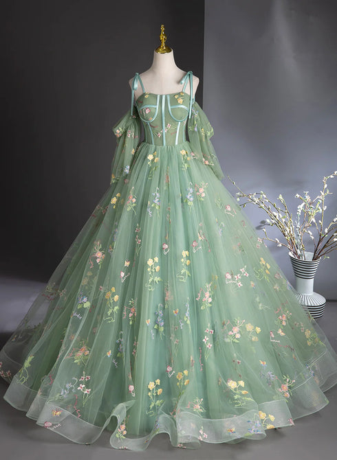 Green Tulle Floral Long Party Dress Prom Dress, Green Off Shoulder Party Dress