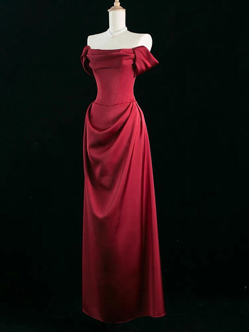 Wine Red Satin Off Shoulder Long Party Dress, Wine Red Satin Prom Dress
