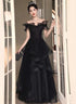 A-line Black Tulle and Lace Off Shoulder Party Dress, Black Long Formal Dress