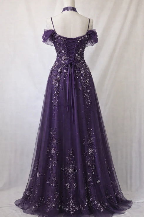 Elegant Purple Beadings Sequins Formal Prom Dress, Spaghetti Straps Off Shoulder Floor-Length Evening Gown