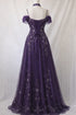 Elegant Purple Beadings Sequins Formal Prom Dress, Spaghetti Straps Off Shoulder Floor-Length Evening Gown