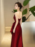 Wine Red Strapless A-line Satin Floor Length Party Dress, Wine Red Satin Evening Dress
