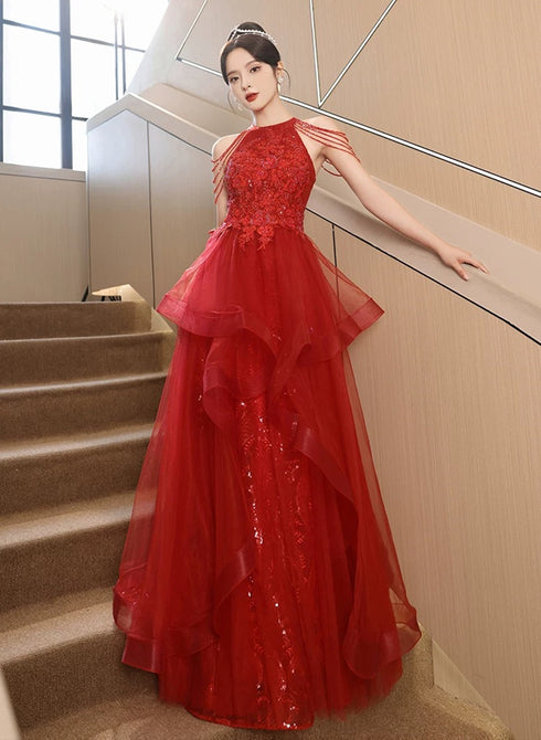 Chic Red Tulle Halter A-Line Long Evening Dress, Tulle Prom Dress Party Dress