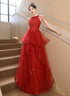 Chic Red Tulle Halter A-Line Long Evening Dress, Tulle Prom Dress Party Dress