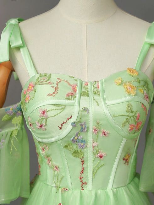 Lovely Light Green Floral Straps Long Formal Dress, Light Green Tulle Prom Dress