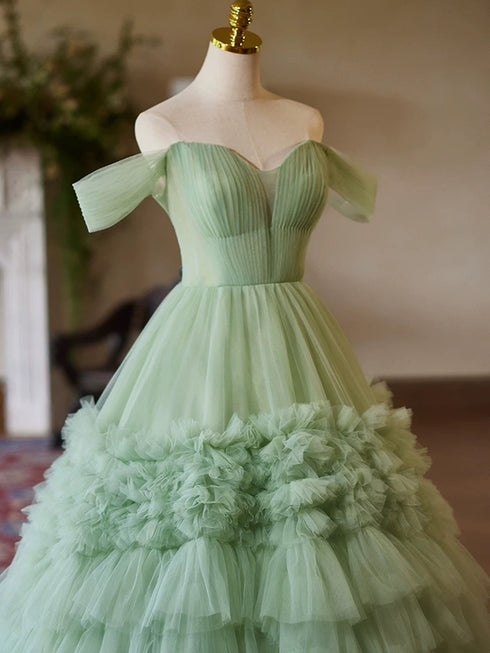Green Tulle Sweetheart Long Formal Gown, Green Tulle Sweet 16 Dress