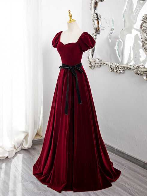 Lovely Wine Red Velvet Short Sleeves Formal Dress, Wine Red Velvet Prom Dress