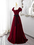 Lovely Wine Red Velvet Short Sleeves Formal Dress, Wine Red Velvet Prom Dress