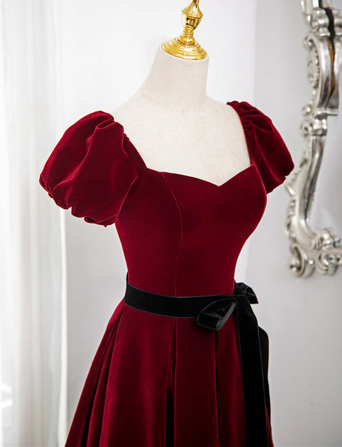 Lovely Wine Red Velvet Short Sleeves Formal Dress, Wine Red Velvet Prom Dress