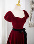 Lovely Wine Red Velvet Short Sleeves Formal Dress, Wine Red Velvet Prom Dress