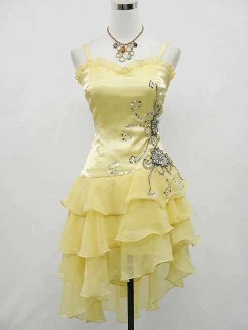 Light Yellow Organza Beaded Layers Straps Homecoming Dress, Yellow Short Formal Dress
