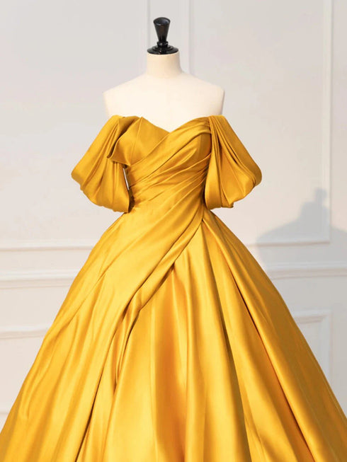 Gold Satin Floor Length Off Shoulder Party Dress, Gold Satin Prom Dress