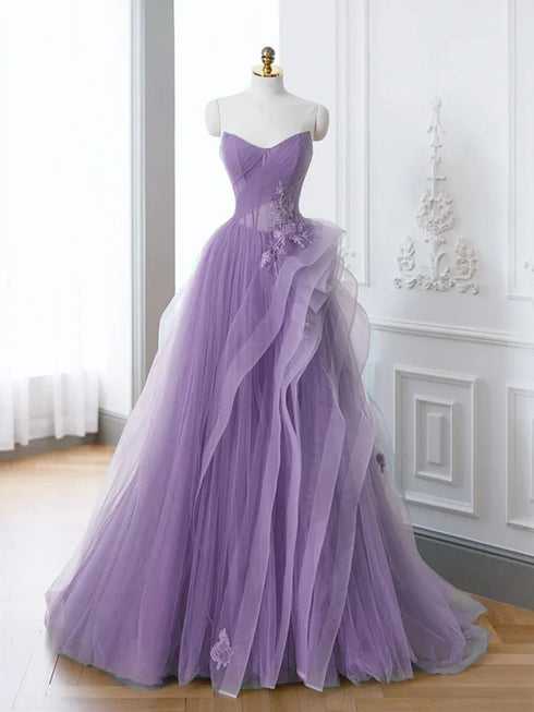 Purple Tulle with Lace Applique Long Formal Dress, Purple A-line Prom Dress
