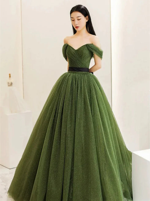 Green Off Shoulder Tulle Long Formal Dress, Green Sweetheart Prom Dress