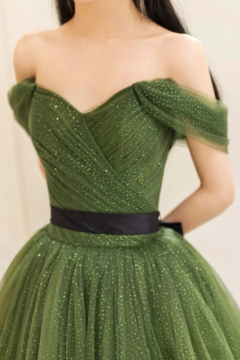 Green Off Shoulder Tulle Long Formal Dress, Green Sweetheart Prom Dress