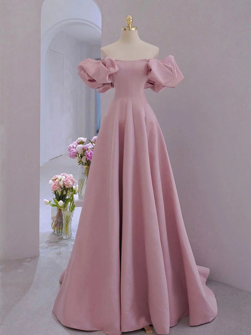 Pink Satin A-line Off Shoulder Party Dress, Pink Lace-up Floor Length Prom Dress