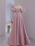 Pink Satin A-line Off Shoulder Party Dress, Pink Lace-up Floor Length Prom Dress