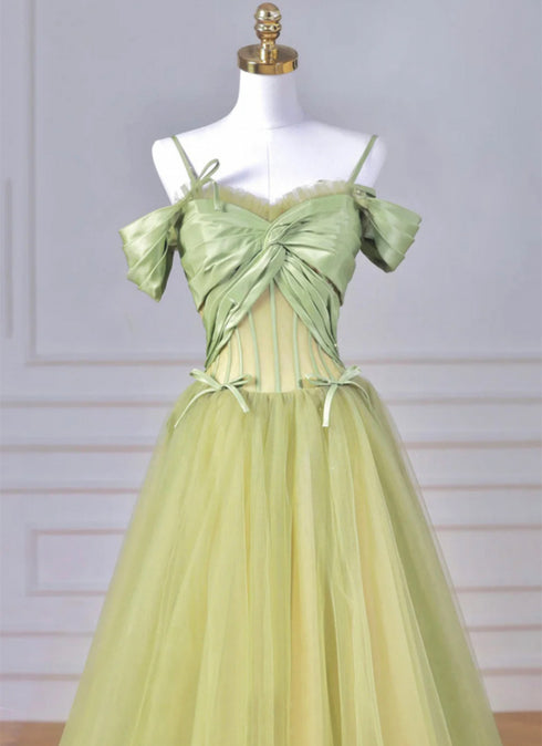 Green Sweetheart Off Shoulder Tulle A-line Straps Party Dress, Green Tulle Prom Dress