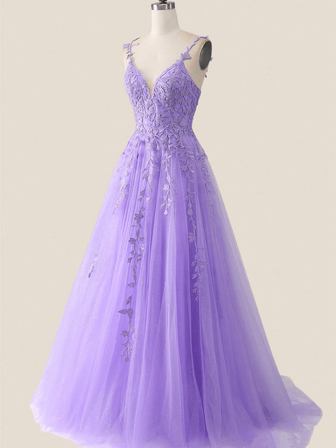 A-line Purple Tulle with Lace Applique Party Dress, Purple Long Prom Dress
