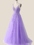 A-line Purple Tulle with Lace Applique Party Dress, Purple Long Prom Dress