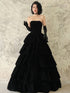 Black Velvet Layers Strapless Long A-Line Prom Dress, Black Velvet Evening Dress