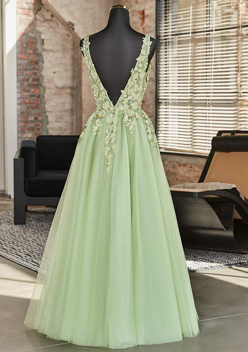 A-line Light Green V-neckline with Lace Applique Prom Dress, Green Tul