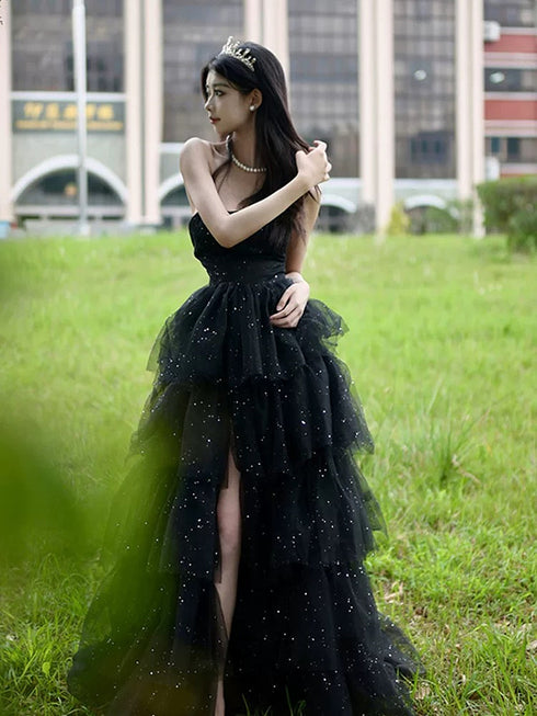 Lovely Black Tulle Long Prom Dress with Leg Slit, Black Shiny Tulle Party Dress