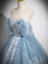 Blue A-line Lace and Tulle Long Formal Dress, Blue Round Neckline Prom Dress