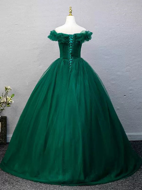 Green Beaded Off Shoulder Tulle Prom Dress, A-line Green Party Dress
