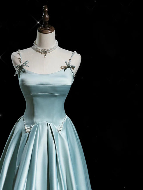 A-line Blue Satin Straps Long Prom Dress, Blue Satin Lace-up Formal Dress