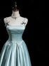 A-line Blue Satin Straps Long Prom Dress, Blue Satin Lace-up Formal Dress