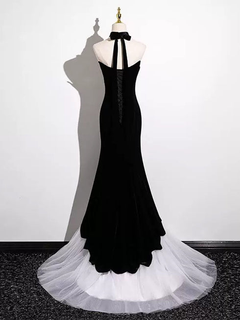 Black and White Mermaid Strapless Long Prom Dress, Velvet Formal Dress