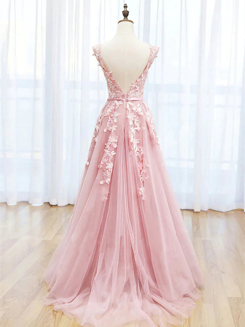Lovely Pink Tulle Round Neckline Long Party Dress, Pink Lace Applique Prom Dress