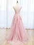 Lovely Pink Tulle Round Neckline Long Party Dress, Pink Lace Applique Prom Dress