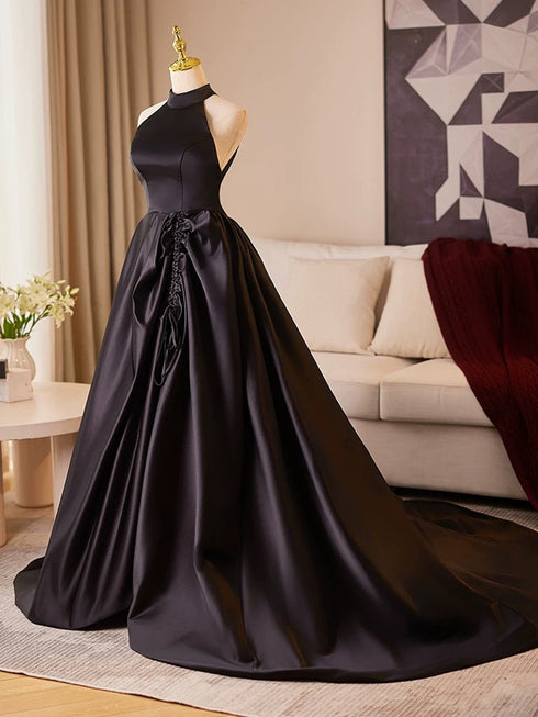 Black Satin Haler Open Back Long Prom Dress, Black Satin Party Dress