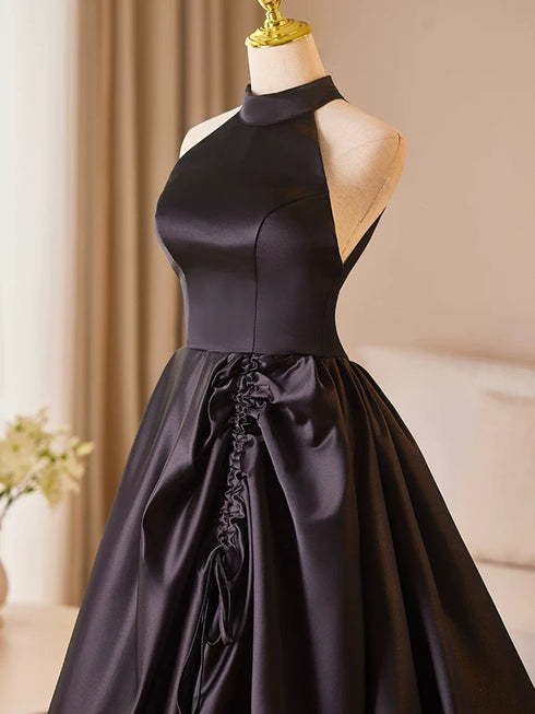 Black Satin Haler Open Back Long Prom Dress, Black Satin Party Dress