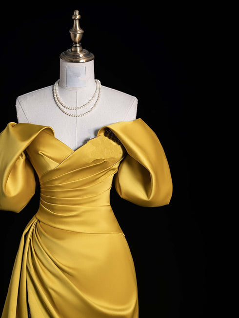 Gold Satin Off Shoulder A-line Party Dress Prom Dress, Gold Satin Party Dress