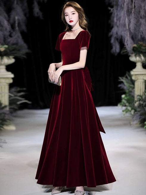 Wine Red Velvet Short Sleeves Party Dress, Wine Red A-line Prom Dress