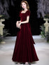 Wine Red Velvet Short Sleeves Party Dress, Wine Red A-line Prom Dress