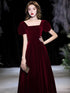 Wine Red Velvet Short Sleeves Party Dress, Wine Red A-line Prom Dress