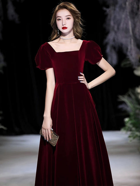 Wine Red Velvet Short Sleeves Party Dress, Wine Red A-line Prom Dress